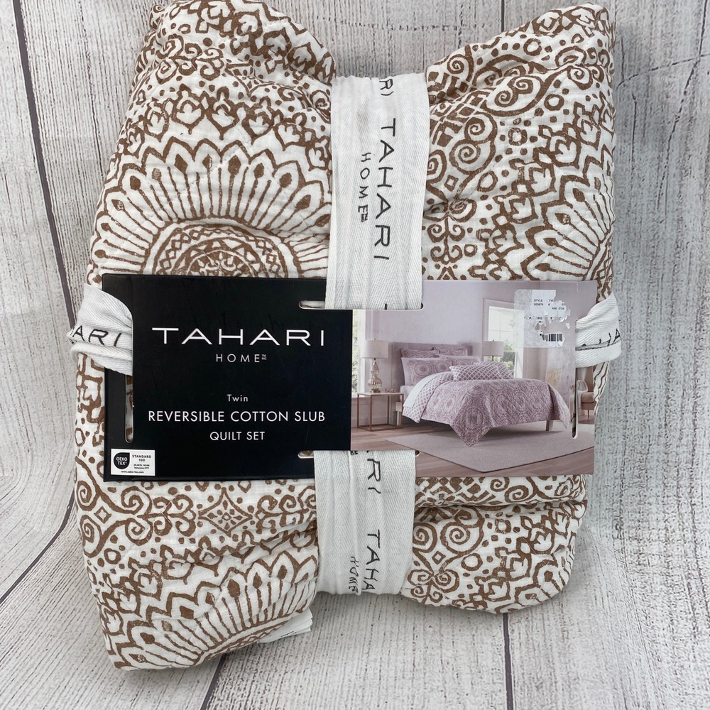 Tahari Home Quilt Set Twin Reversible Cotton Slub Brown White Medallion Boho